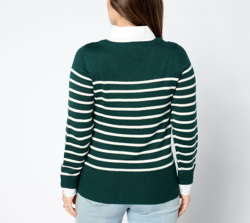 Joan Rivers Striped Sweater With Woven Collar And Cuffs — View 2