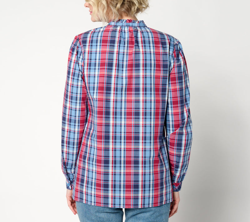 Joan Rivers Plaid Button Front Blouse with Ruffle Detail — View 2