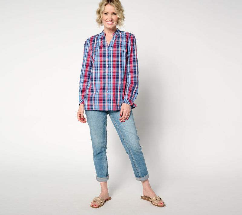 Joan Rivers Plaid Button Front Blouse with Ruffle Detail — View 3