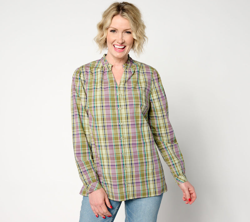 Joan Rivers Plaid Button Front Blouse with Ruffle Detail — View 9