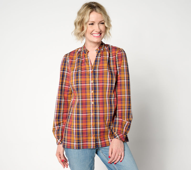 Joan Rivers Plaid Button Front Blouse with Ruffle Detail — View 10