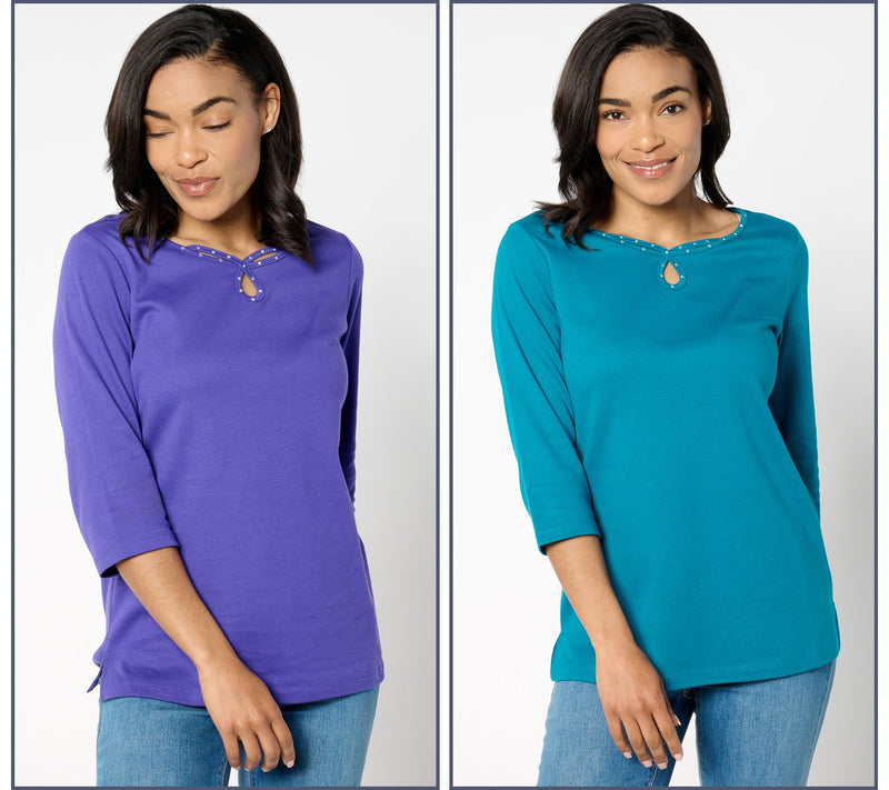 Quacker Factory Set of 2 Sparkle Keyhole 3/4-Sleeve Tops — View 6