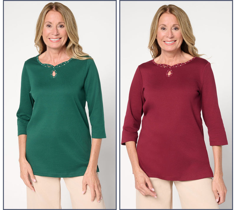 Quacker Factory Set of 2 Sparkle Keyhole 3/4-Sleeve Tops — Main view