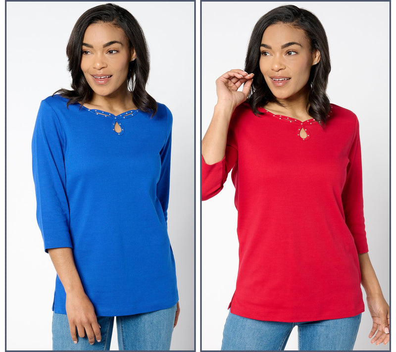 Quacker Factory Set of 2 Sparkle Keyhole 3/4-Sleeve Tops — View 10
