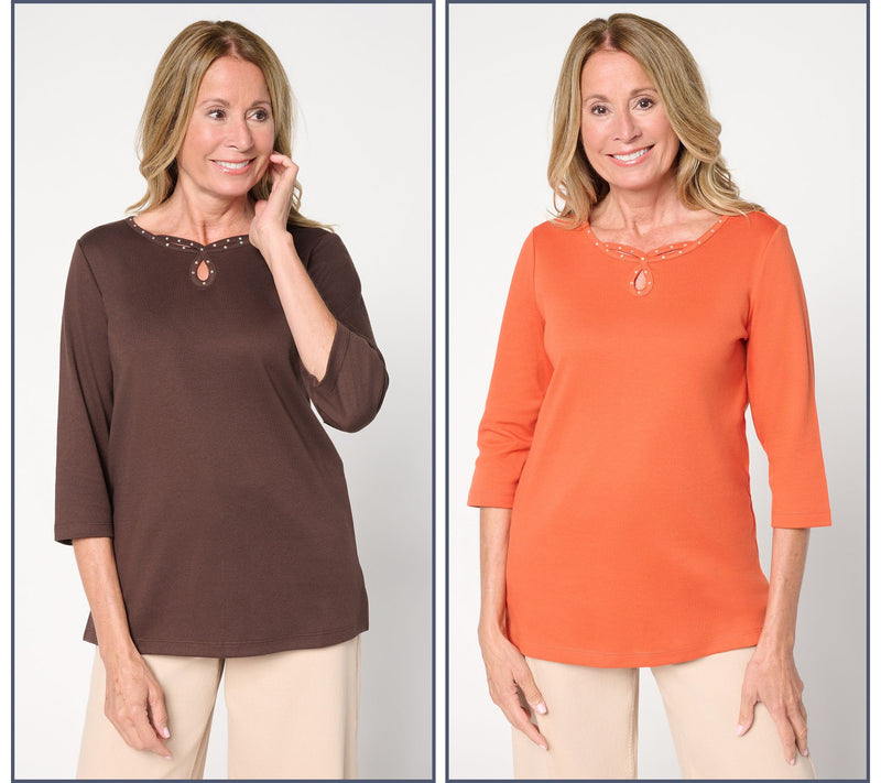 Quacker Factory Set of 2 Sparkle Keyhole 3/4-Sleeve Tops — View 7