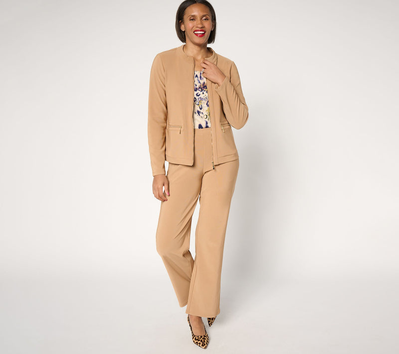Women with Control Regular Euro Knit Jacket and Wide Leg Pant Set — View 3