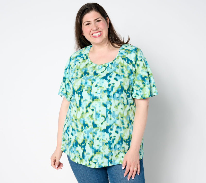 Denim & Co. Printed Slub Jersey Scoop Neck Curved Hem Top — View 9