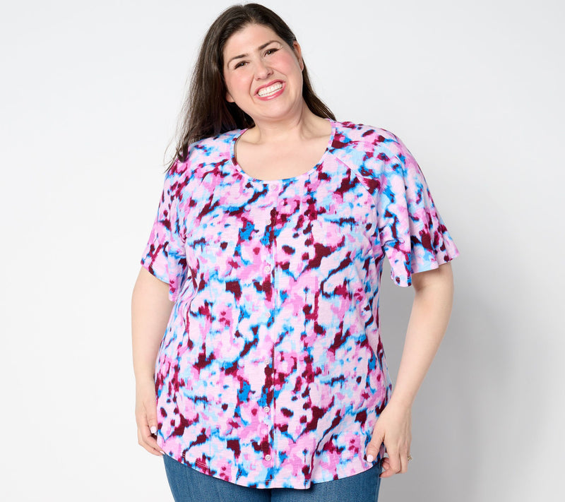 Denim & Co. Printed Slub Jersey Scoop Neck Curved Hem Top — Main view