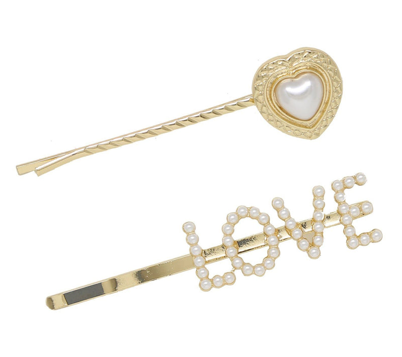 Ettika Faux Pearl Golden Love & HeartHair Pin Set — View 3