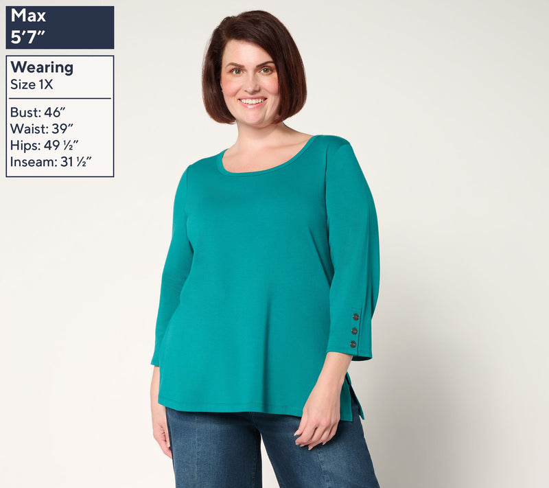 Susan Graver Weekend Comfy Cotton 3/4-Slv Top with Button Detail — View 10