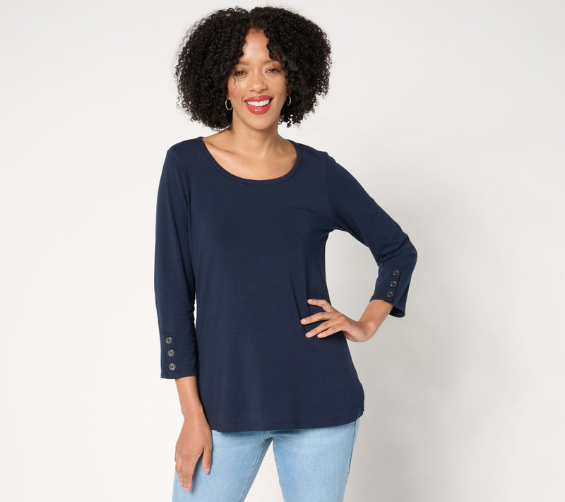 Susan Graver Weekend Comfy Cotton 3/4-Slv Top with Button Detail — View 7