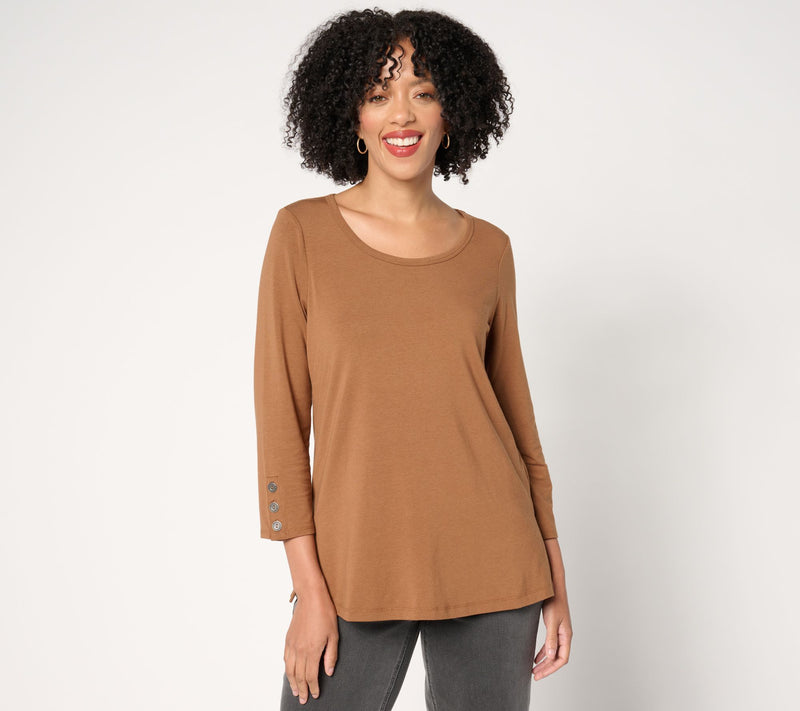 Susan Graver Weekend Comfy Cotton 3/4-Slv Top with Button Detail — View 9
