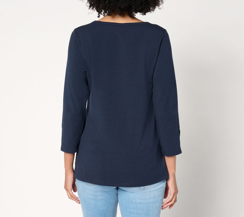 Susan Graver Weekend Comfy Cotton 3/4-Slv Top with Button Detail — View 11