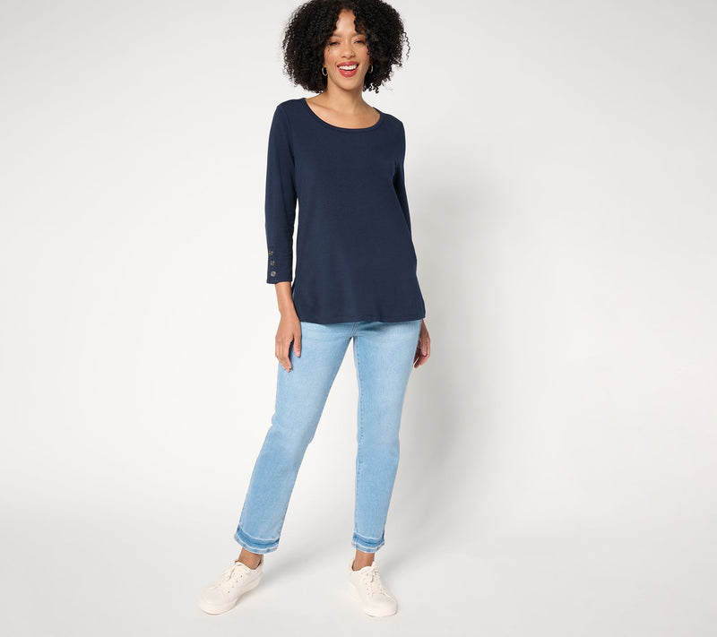 Susan Graver Weekend Comfy Cotton 3/4-Slv Top with Button Detail — View 12