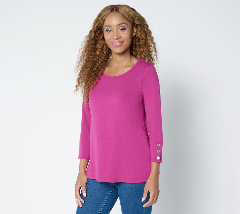 Susan Graver Weekend Comfy Cotton 3/4-Slv Top with Button Detail — View 17