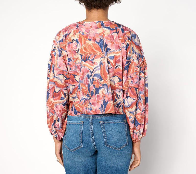 Susan Graver Printed Woven Tie Front Cardigan with Lurex — View 2