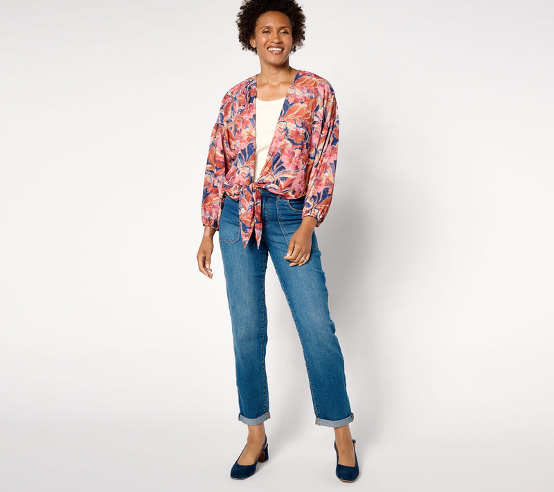 Susan Graver Printed Woven Tie Front Cardigan with Lurex — View 3