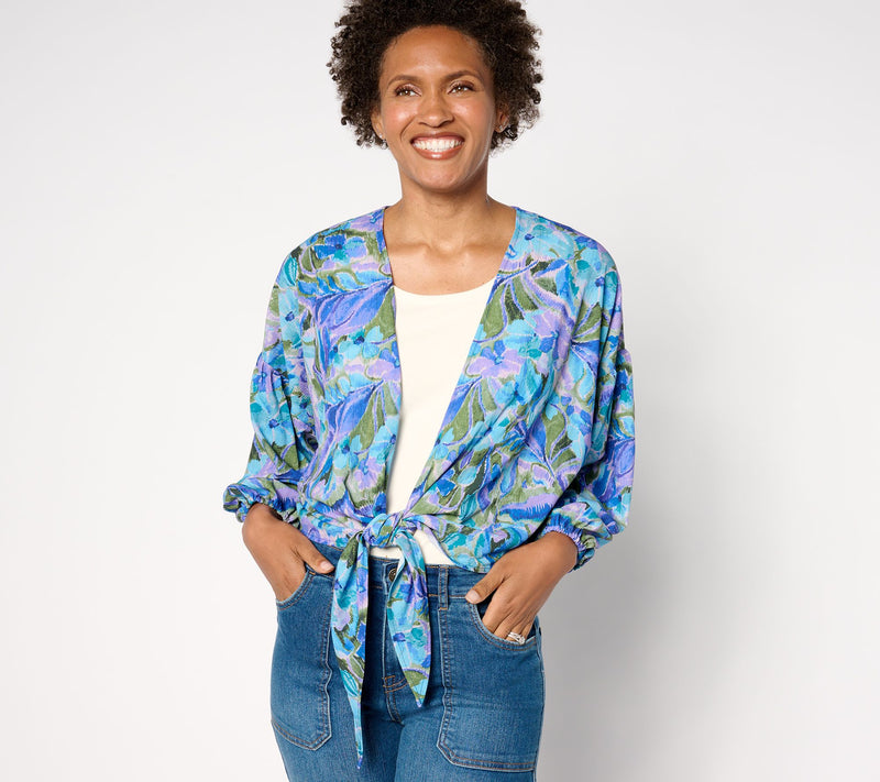 Susan Graver Printed Woven Tie Front Cardigan with Lurex — View 8