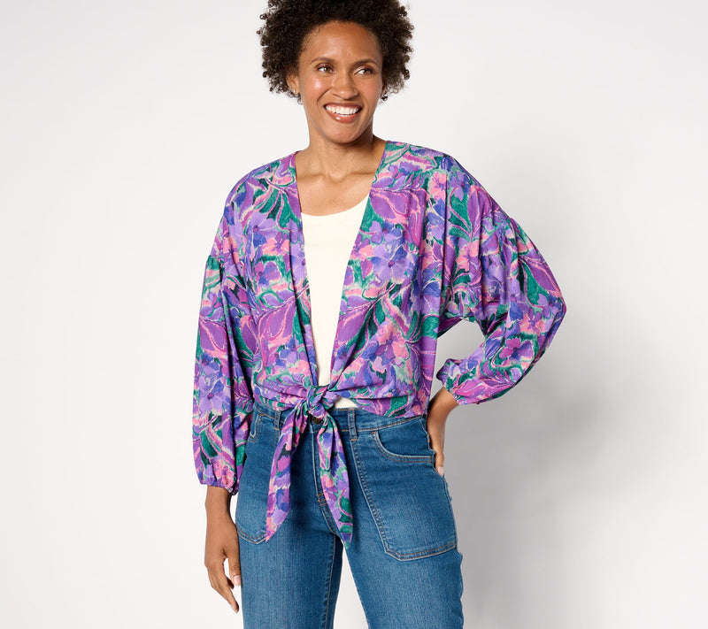 Susan Graver Printed Woven Tie Front Cardigan with Lurex — View 9