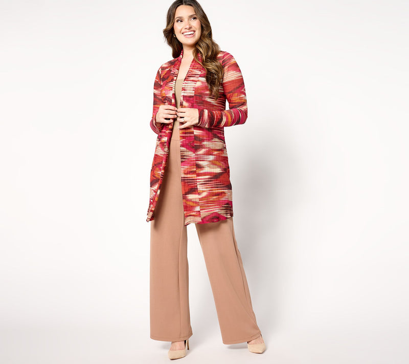 Susan Graver Regular Printed Pleated Mesh Drape Front Cardigan — View 9