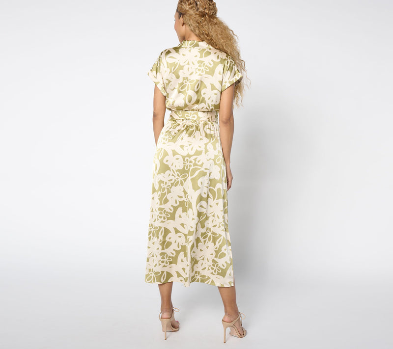 Susan Graver Reg Printed Stretch Charmeuse Midi Dress Belted — View 12