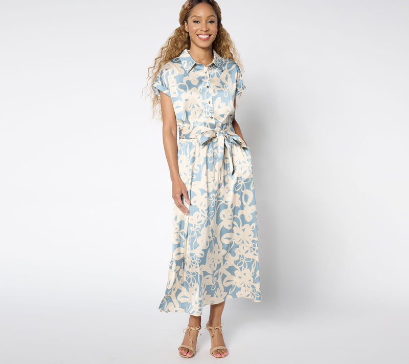 Susan Graver Reg Printed Stretch Charmeuse Midi Dress Belted — Main view