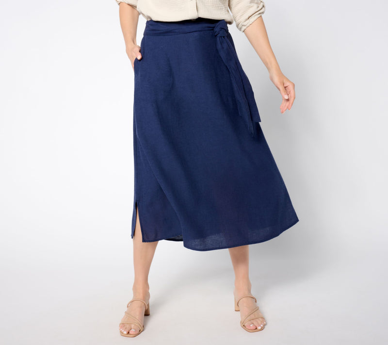 Denim & Co. Petite Linen Blend Midi Skirt with Belt — View 7