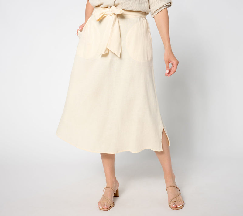 Denim & Co. Petite Linen Blend Midi Skirt with Belt — View 3