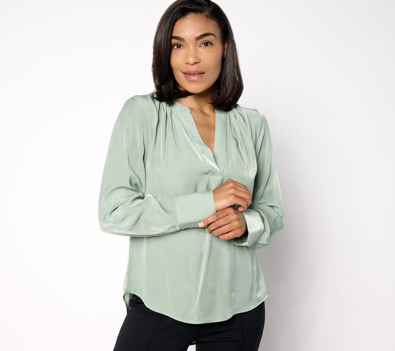 BEAUTIFUL by Lawrence Zarian Split V-Neck Pleat Detail Woven Blouse — View 11