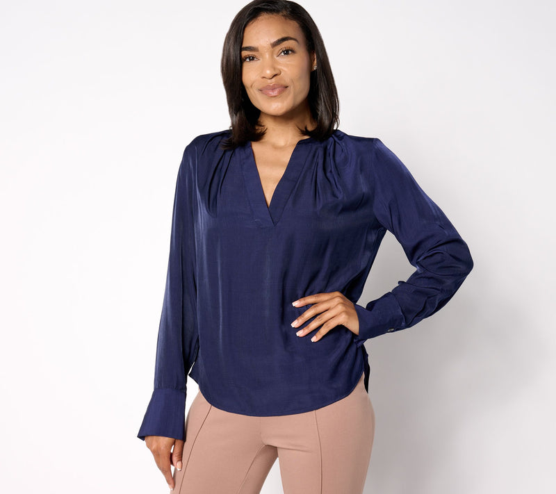 BEAUTIFUL by Lawrence Zarian Split V-Neck Pleat Detail Woven Blouse — View 14