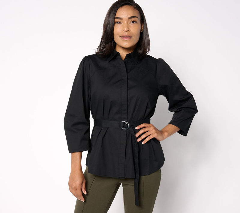 BEAUTIFUL by Lawrence Zarian Poplin Belted 3/4 Sleeve Top — View 12