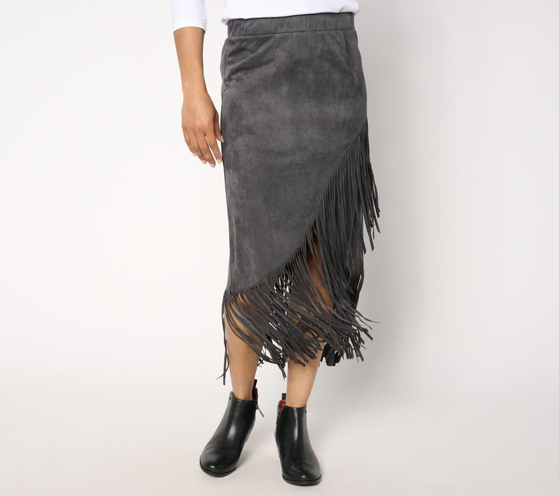 American West by Carolyn Pollack Faux Suede Knit Fringe Skirt — View 12