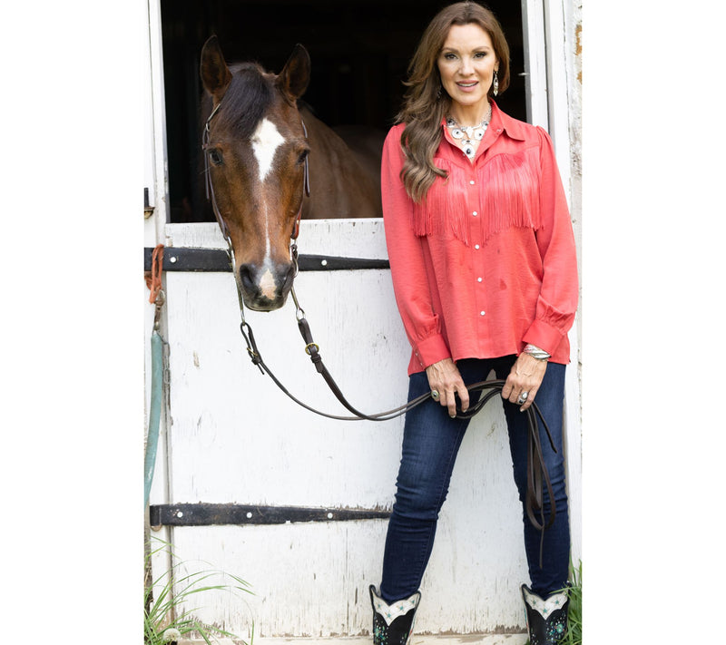American West by Carolyn Pollack Button Front Fringe Blouse — View 6