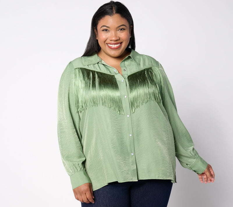 American West by Carolyn Pollack Button Front Fringe Blouse — View 12