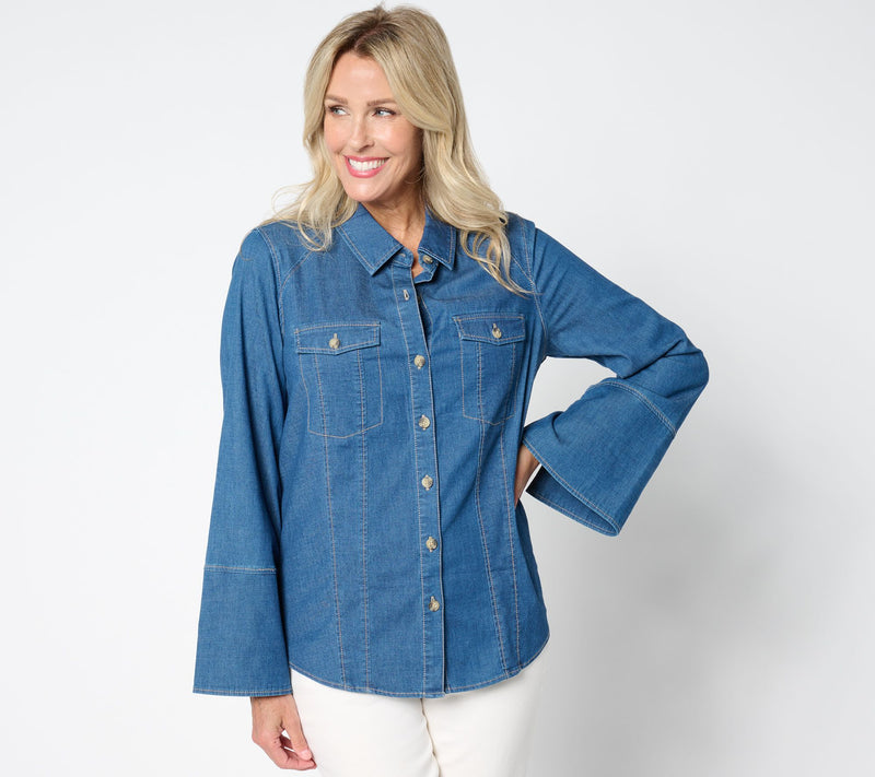 Belle Boho by Kim Gravel Bracelet Belle Sleeve Stretch Denim Shirt — View 13