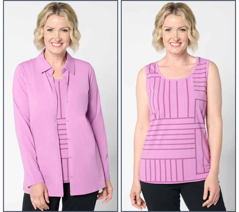 Sport Savvy Tossed Stripe Button Front Top and Tank Set — View 10