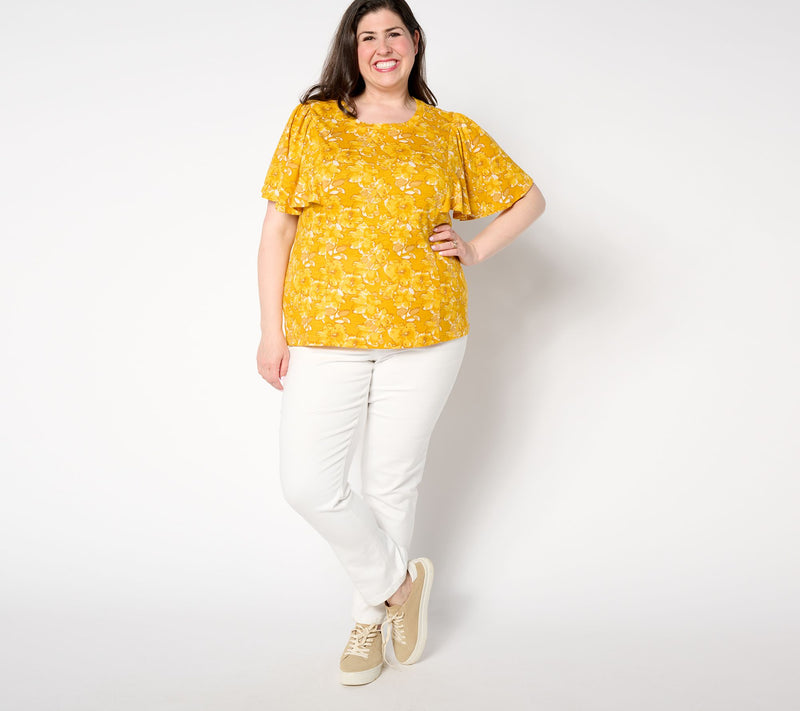 AnyBody Floral Printed Flutter Sleeve Slub Knit Top — View 3