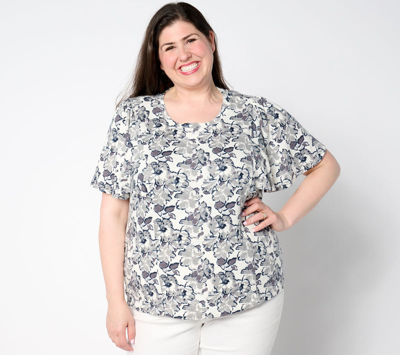 AnyBody Floral Printed Flutter Sleeve Slub Knit Top — View 9