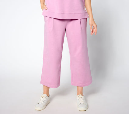 AnyBody Petite Washed French Terry Cropped Wide Leg Pant