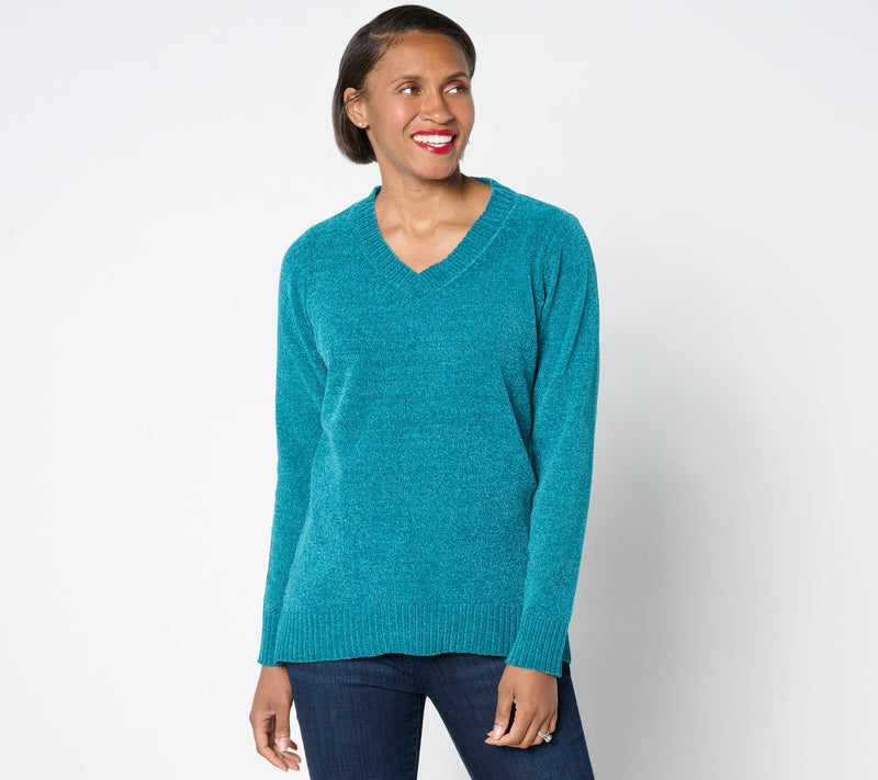 Belle by Kim Gravel Chenille V Neck High Low Sweater — View 13