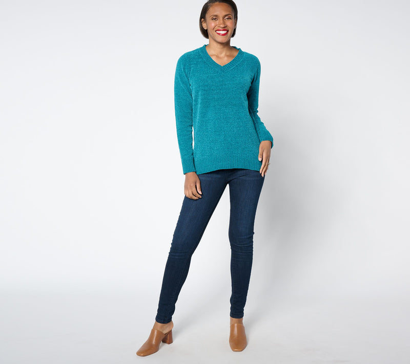 Belle by Kim Gravel Chenille V Neck High Low Sweater — View 3