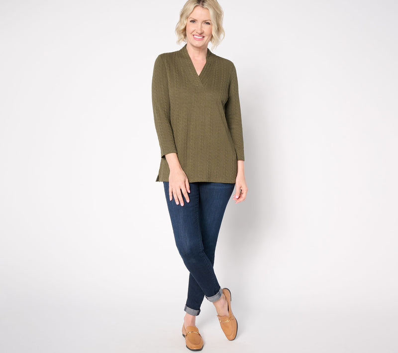 Belle by Kim Gravel Textured Cable Crossover V Neck Top — View 3