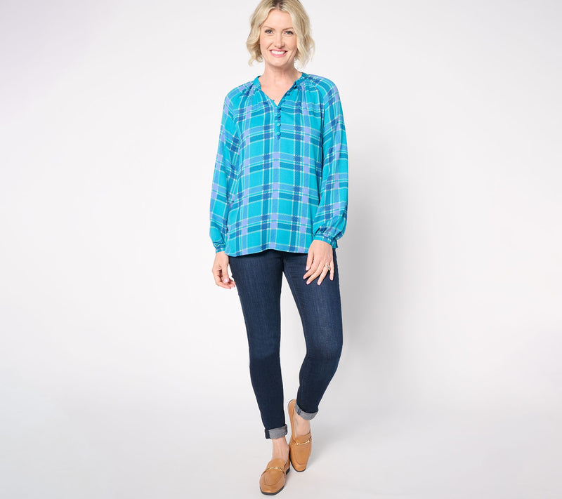 Belle by Kim Gravel Blurred Plaid Henley Blouse — View 3