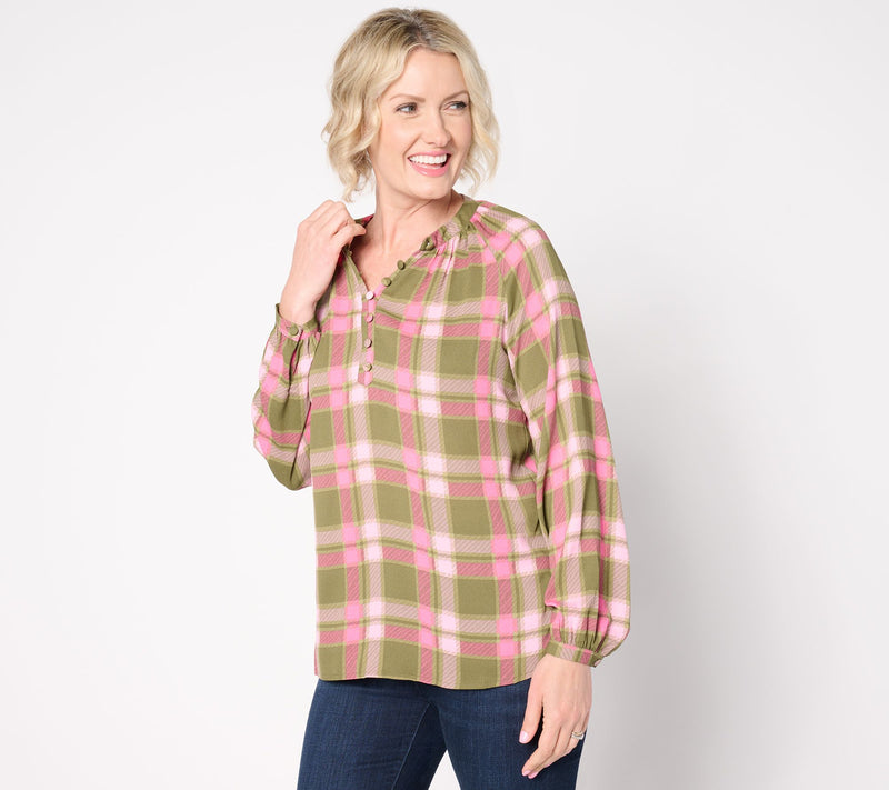 Belle by Kim Gravel Blurred Plaid Henley Blouse — View 10