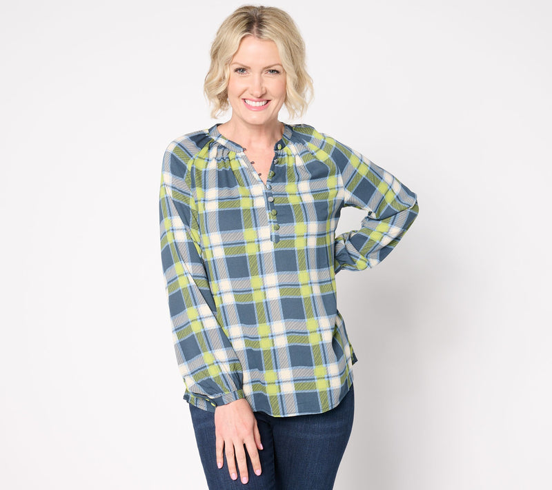 Belle by Kim Gravel Blurred Plaid Henley Blouse — View 11