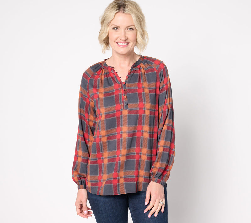 Belle by Kim Gravel Blurred Plaid Henley Blouse — View 12