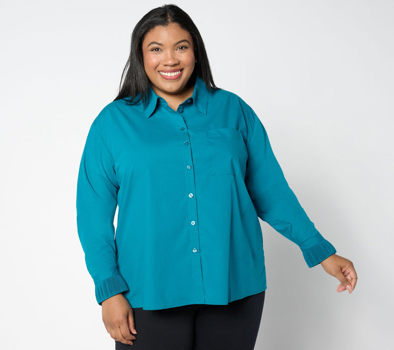 Women with Control Regular Woven Button Front Shirt w/ Pleated Cuffs — View 11