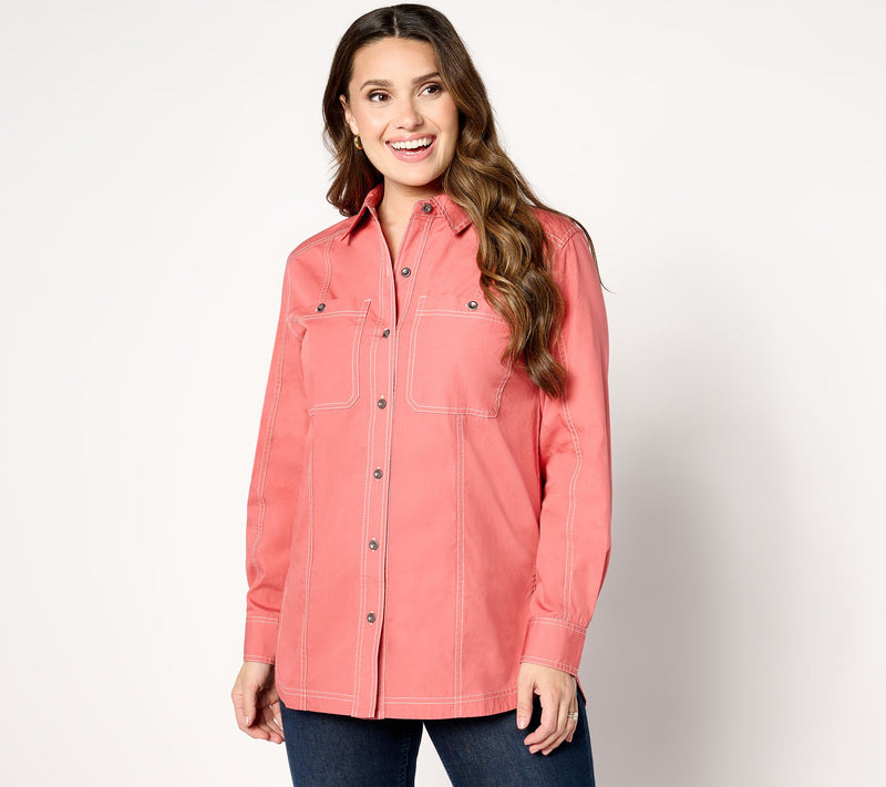 Joan Rivers Solid Button Front Shirt with Topstich Detail — Main view