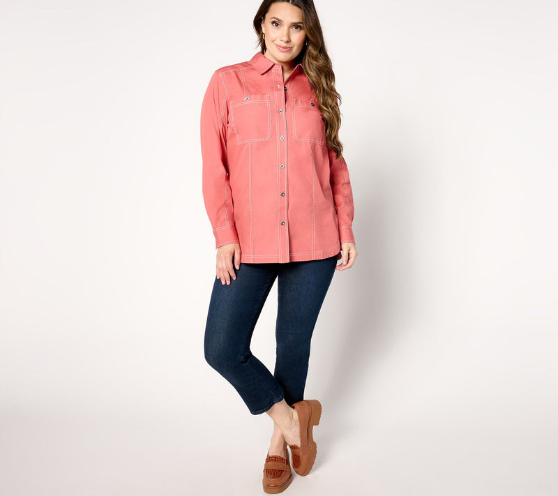 Joan Rivers Solid Button Front Shirt with Topstich Detail — View 3