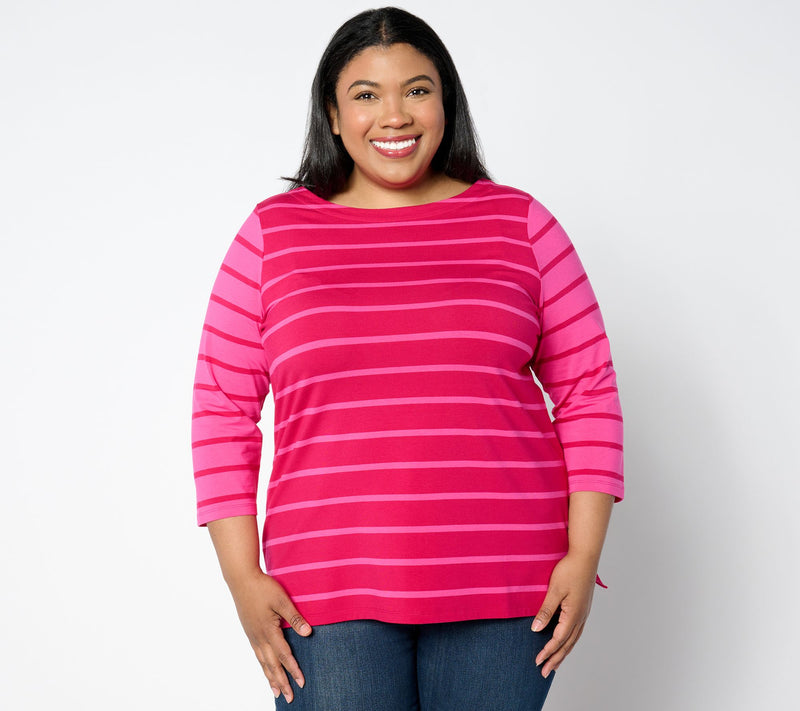 Isaac Mizrahi Live! 3/4 Sleeve Yarn Dye Stripe Boat Neck Top — View 13